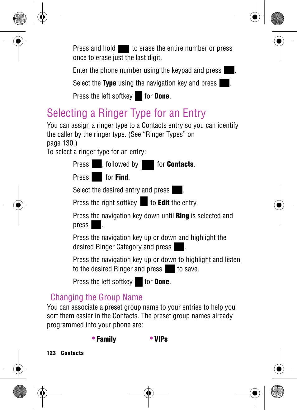 Selecting a ringer type for an entry, Changing the group name | Samsung SPH-A920 User Manual | Page 132 / 170