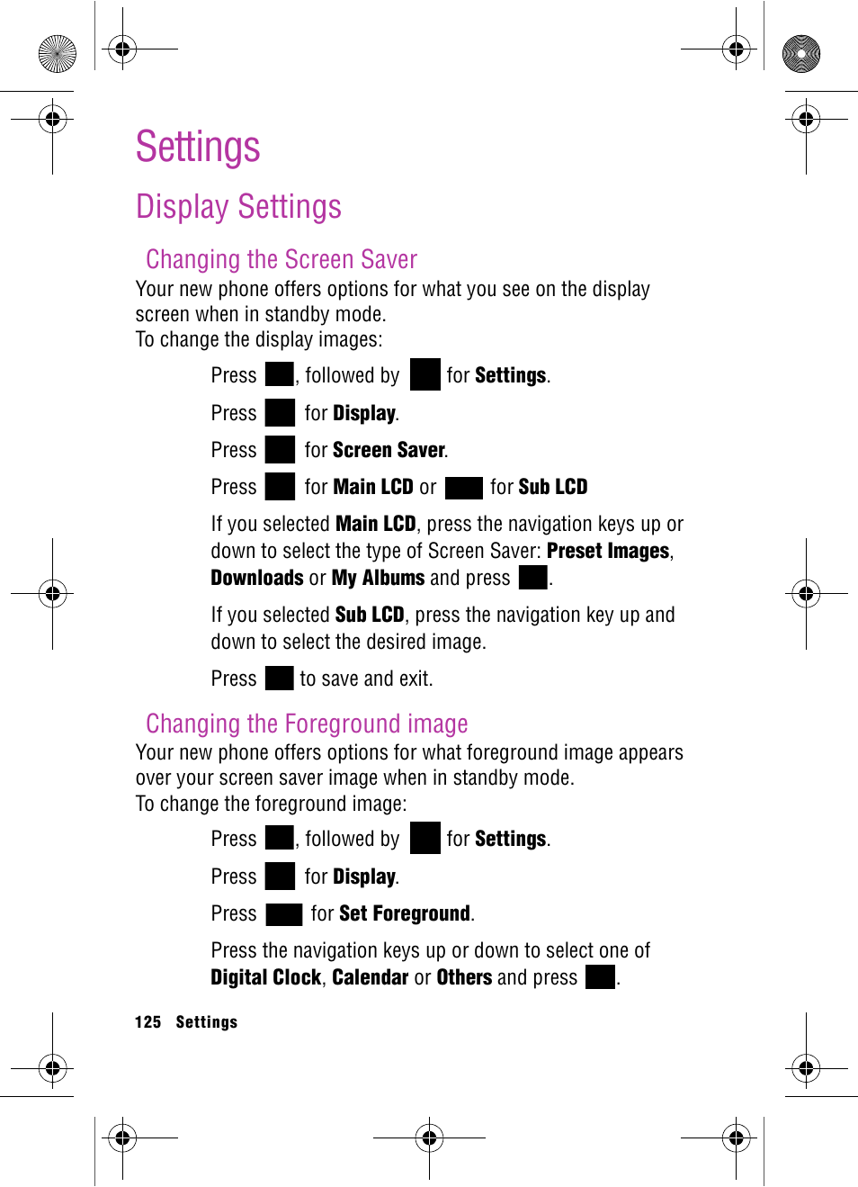 Settings, Display settings, Changing the screen saver | Changing the foreground image | Samsung SPH-A920 User Manual | Page 134 / 170