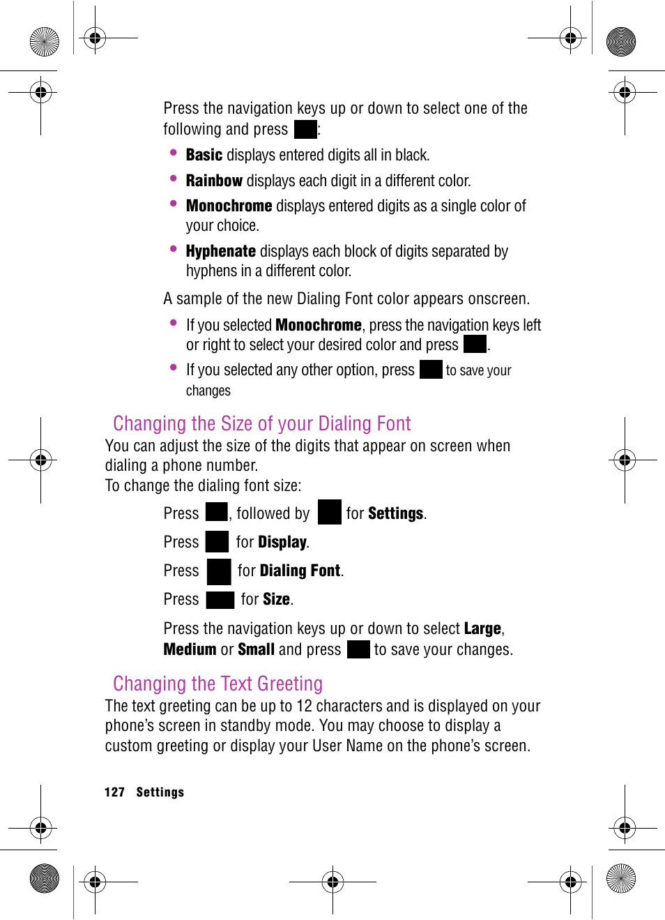 Changing the size of your dialing font, Changing the text greeting | Samsung SPH-A920 User Manual | Page 136 / 170