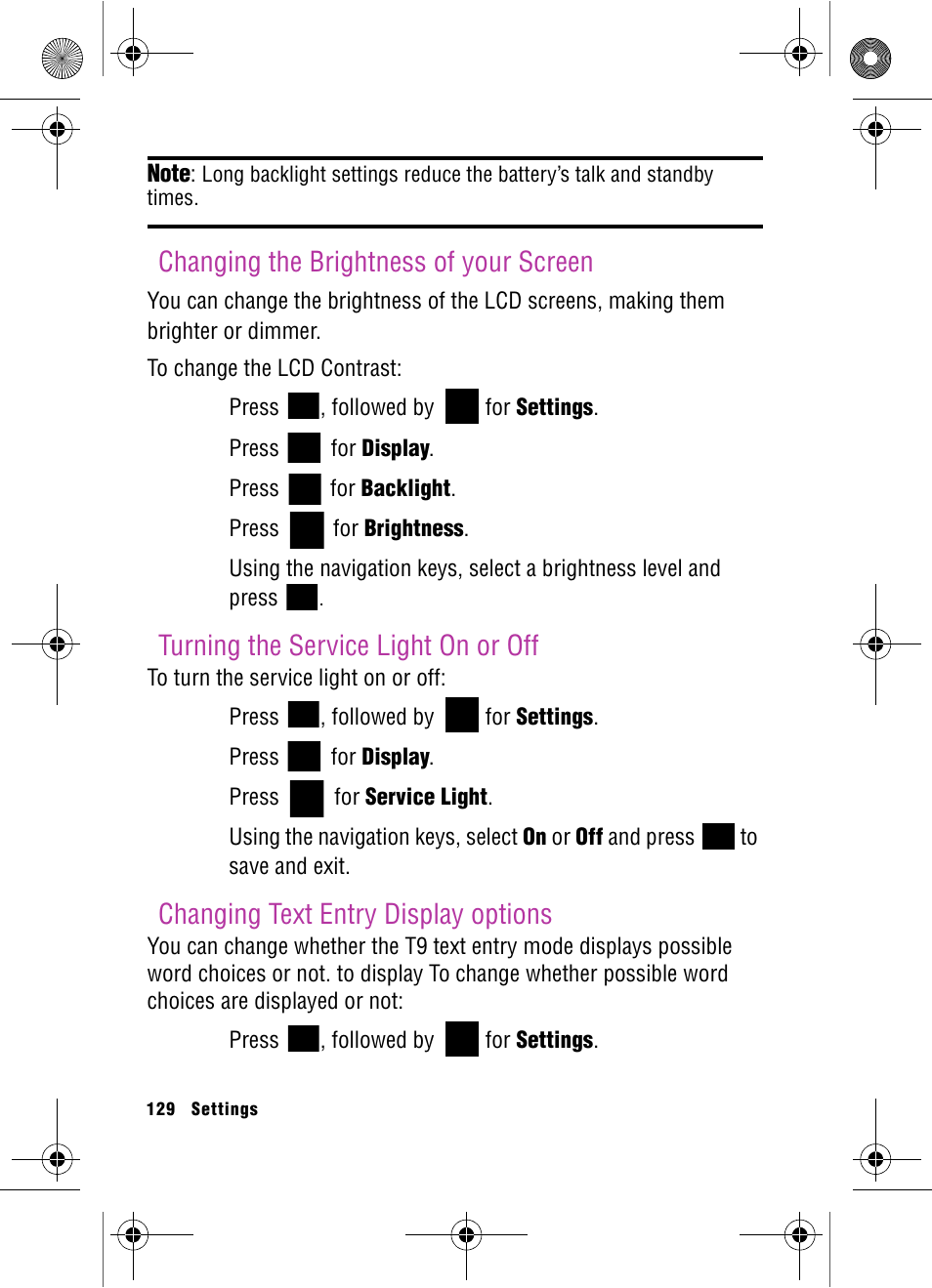 Changing the brightness of your screen, Turning the service light on or off, Changing text entry display options | Samsung SPH-A920 User Manual | Page 138 / 170