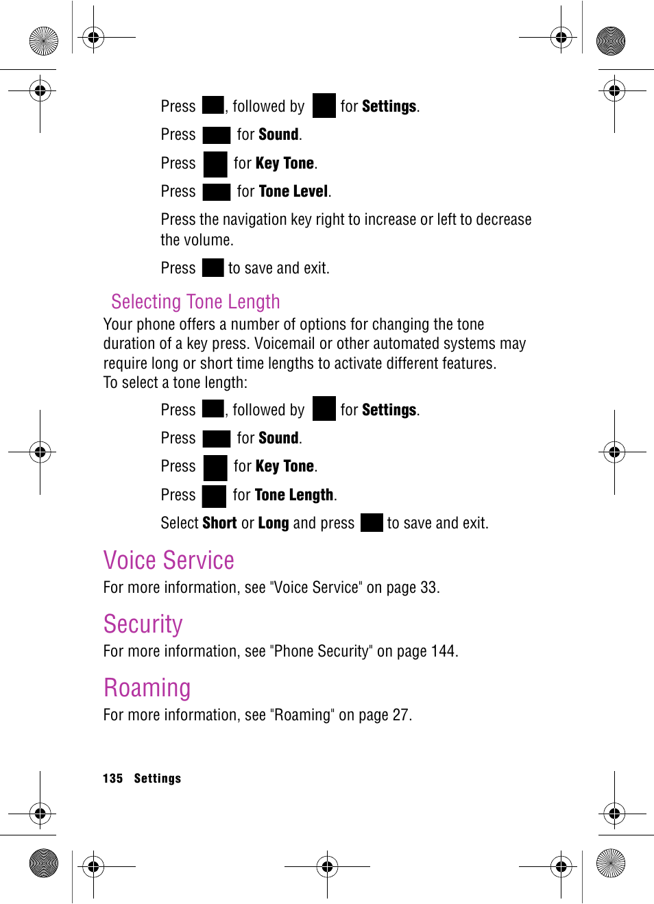 Selecting tone length, Voice service, Security | Roaming, Voice service security roaming | Samsung SPH-A920 User Manual | Page 144 / 170