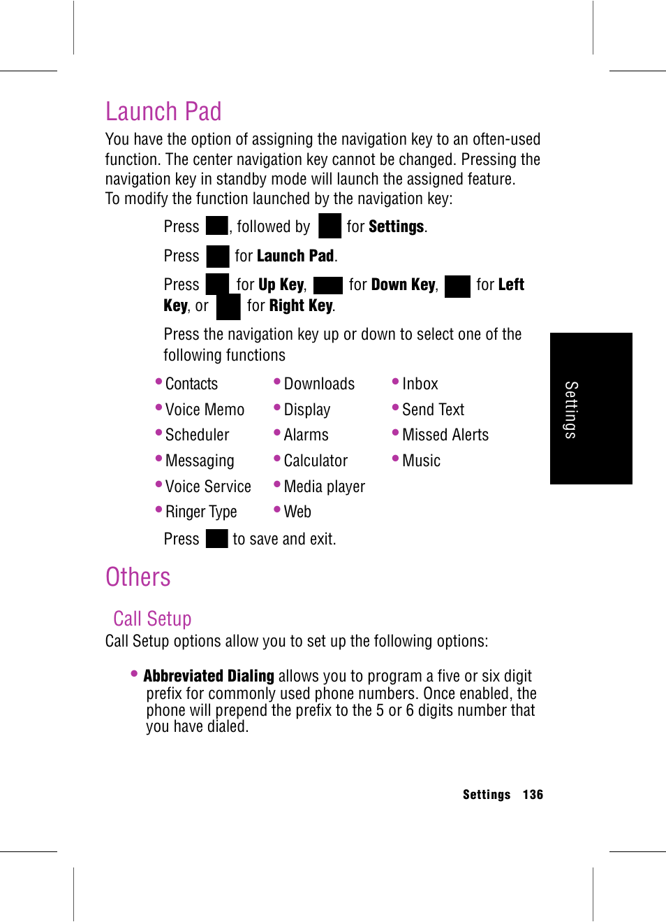 Launch pad, Others, Call setup | Launch pad others | Samsung SPH-A920 User Manual | Page 145 / 170