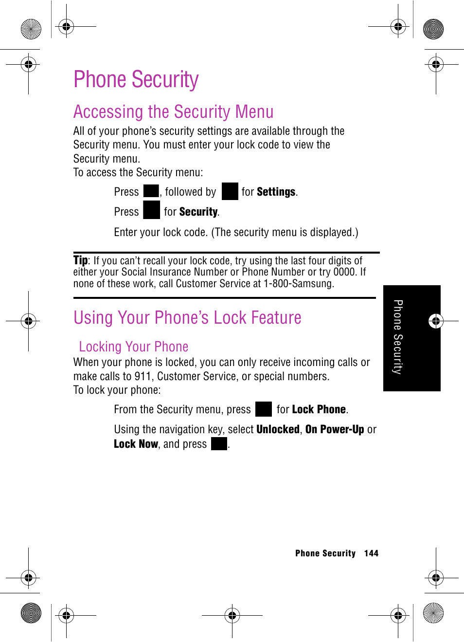 Phone security, Accessing the security menu, Using your phone’s lock feature | Locking your phone | Samsung SPH-A920 User Manual | Page 153 / 170