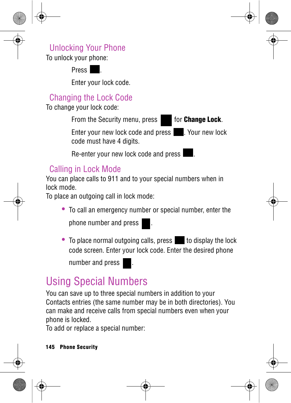 Unlocking your phone, Changing the lock code, Calling in lock mode | Using special numbers | Samsung SPH-A920 User Manual | Page 154 / 170