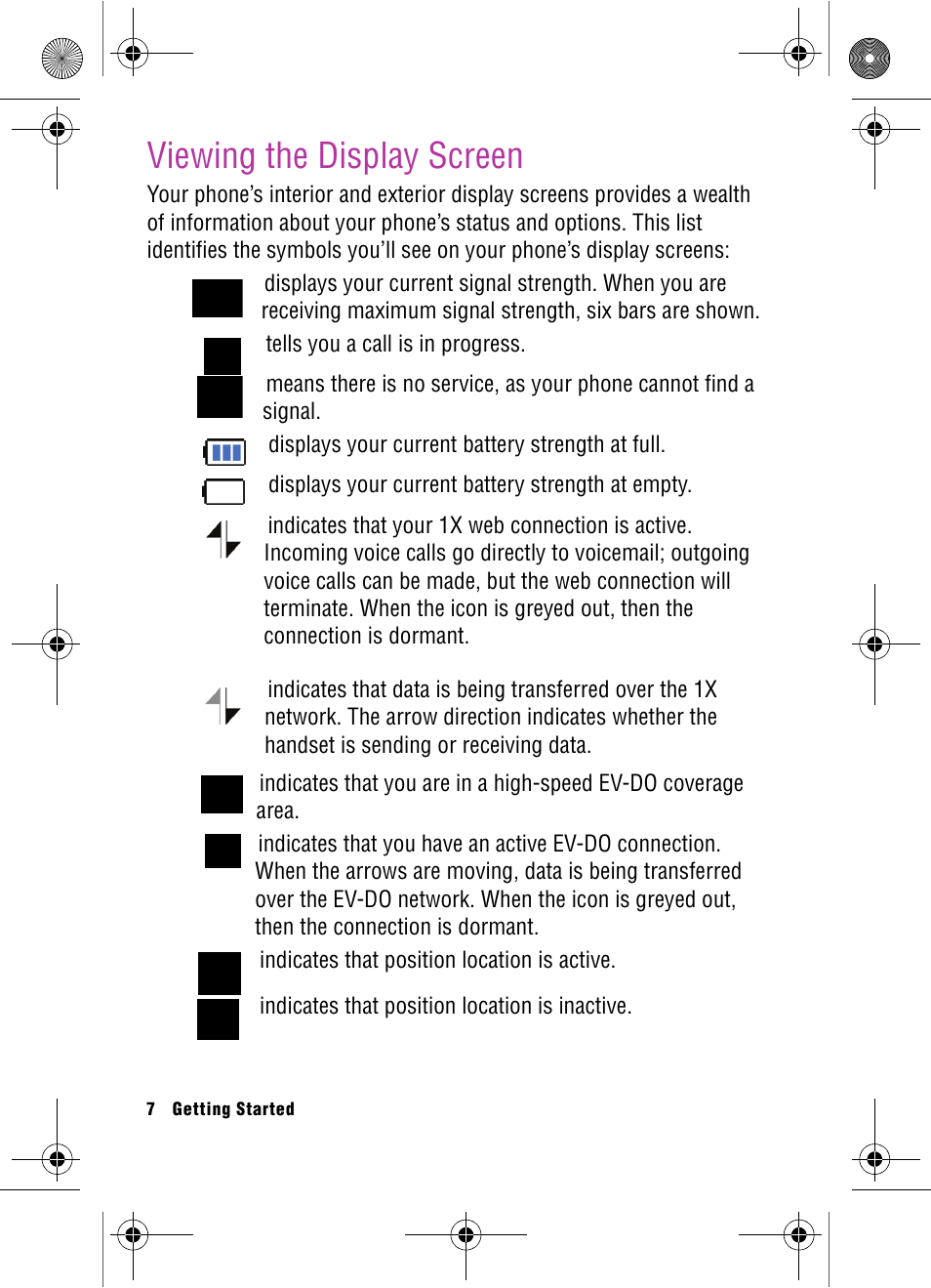 Viewing the display screen, Tells you a call is in progress, Displays your current battery strength at full | Displays your current battery strength at empty, Indicates that position location is active, Indicates that position location is inactive | Samsung SPH-A920 User Manual | Page 16 / 170
