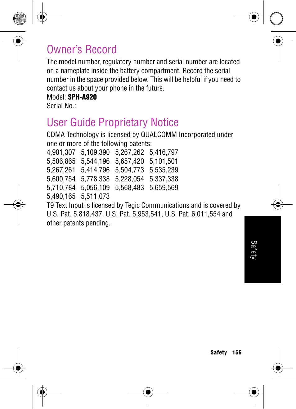 Owner’s record, User guide proprietary notice, Owner’s record user guide proprietary notice | Samsung SPH-A920 User Manual | Page 165 / 170
