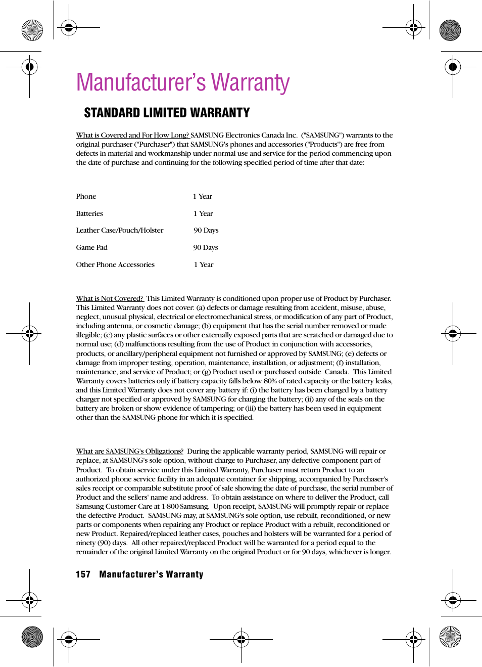 Manufacturer’s warranty, Standard limited warranty | Samsung SPH-A920 User Manual | Page 166 / 170