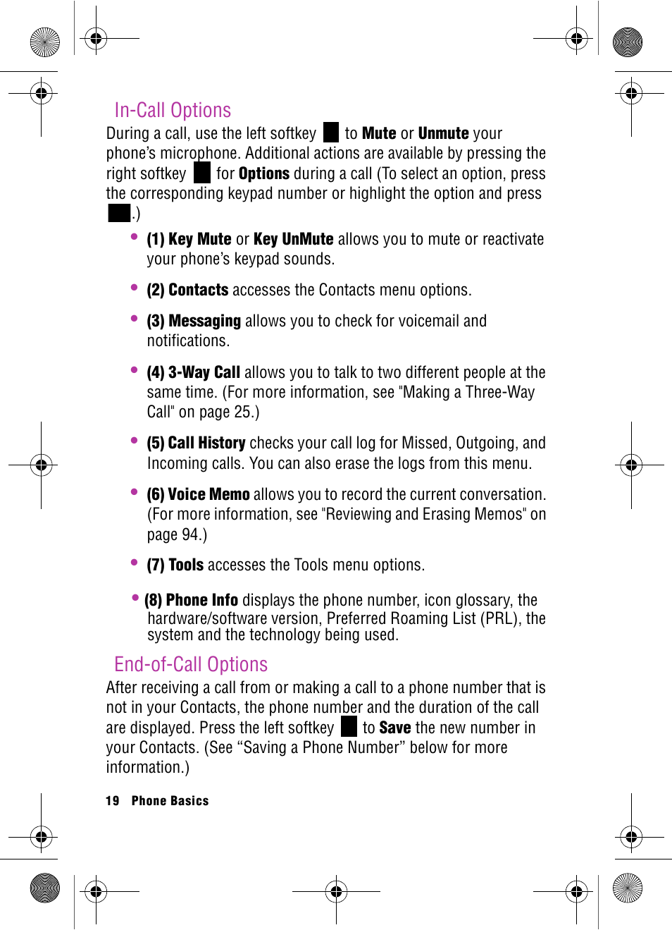 In-call options, End-of-call options, In-call options end-of-call options | Samsung SPH-A920 User Manual | Page 28 / 170