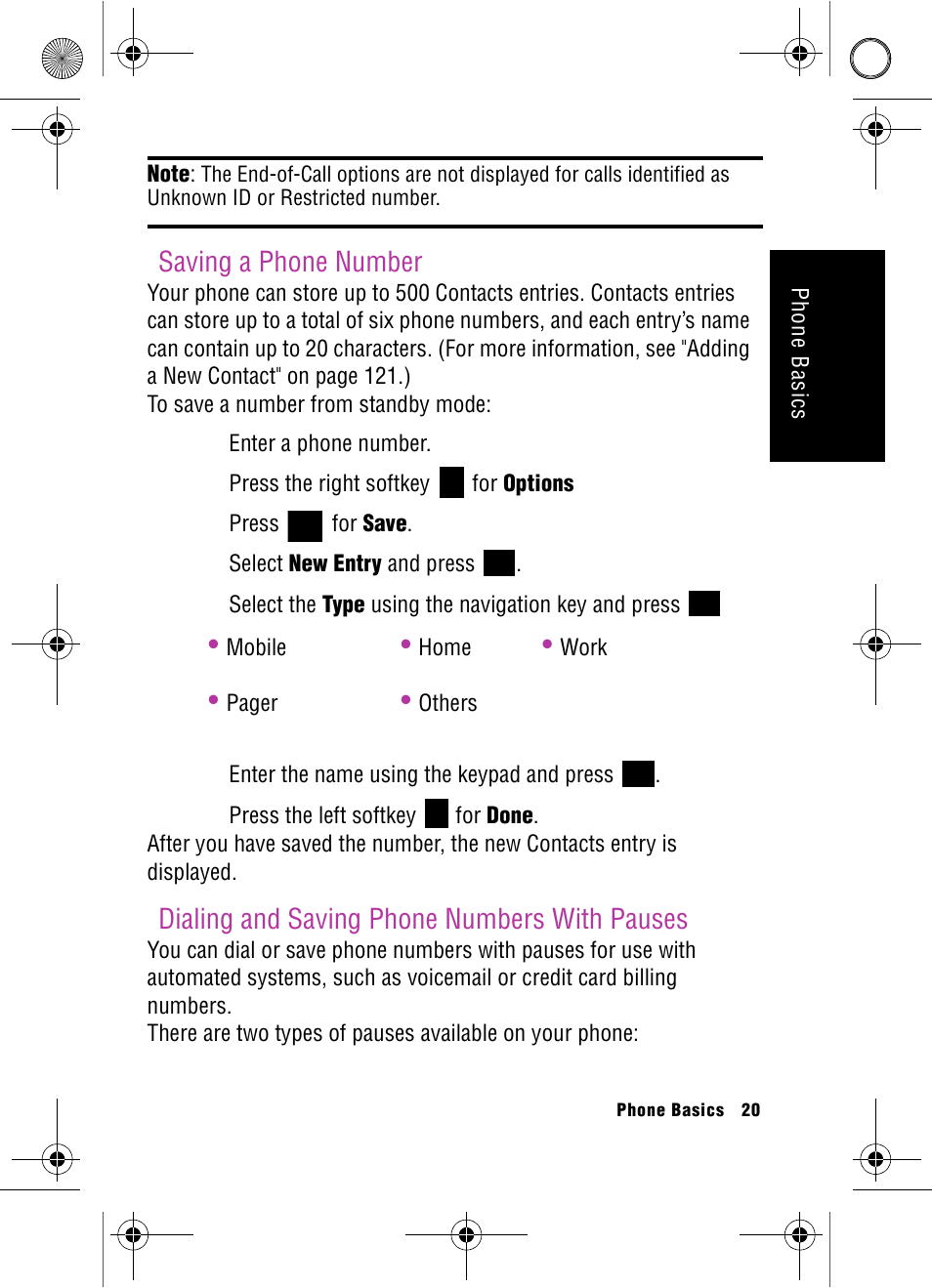 Saving a phone number, Dialing and saving phone numbers with pauses | Samsung SPH-A920 User Manual | Page 29 / 170