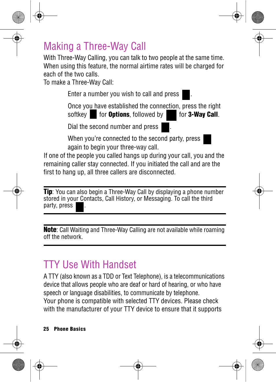 Making a three-way call, Tty use with handset, Making a three-way call tty use with handset | Samsung SPH-A920 User Manual | Page 34 / 170