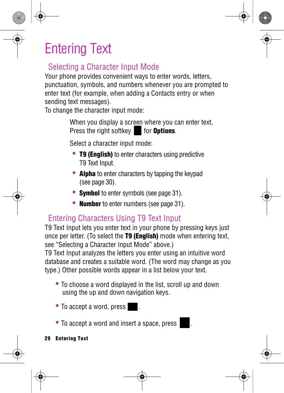 Entering text, Selecting a character input mode, Entering characters using t9 text input | Samsung SPH-A920 User Manual | Page 38 / 170