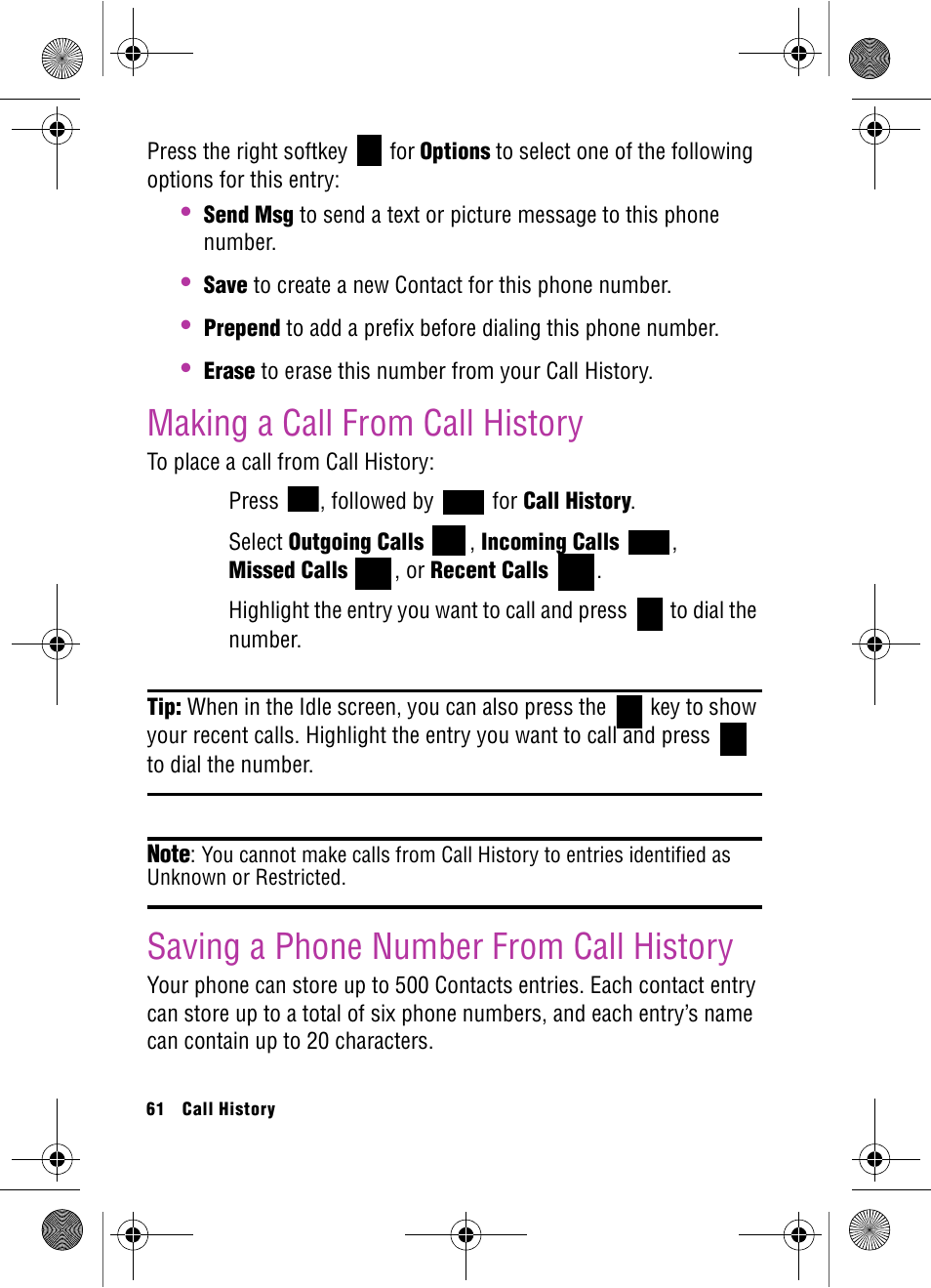 Making a call from call history, Saving a phone number from call history | Samsung SPH-A920 User Manual | Page 70 / 170