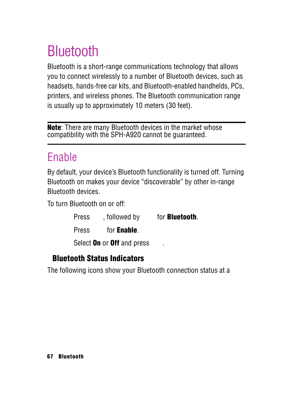 Bluetooth, Enable | Samsung SPH-A920 User Manual | Page 76 / 170