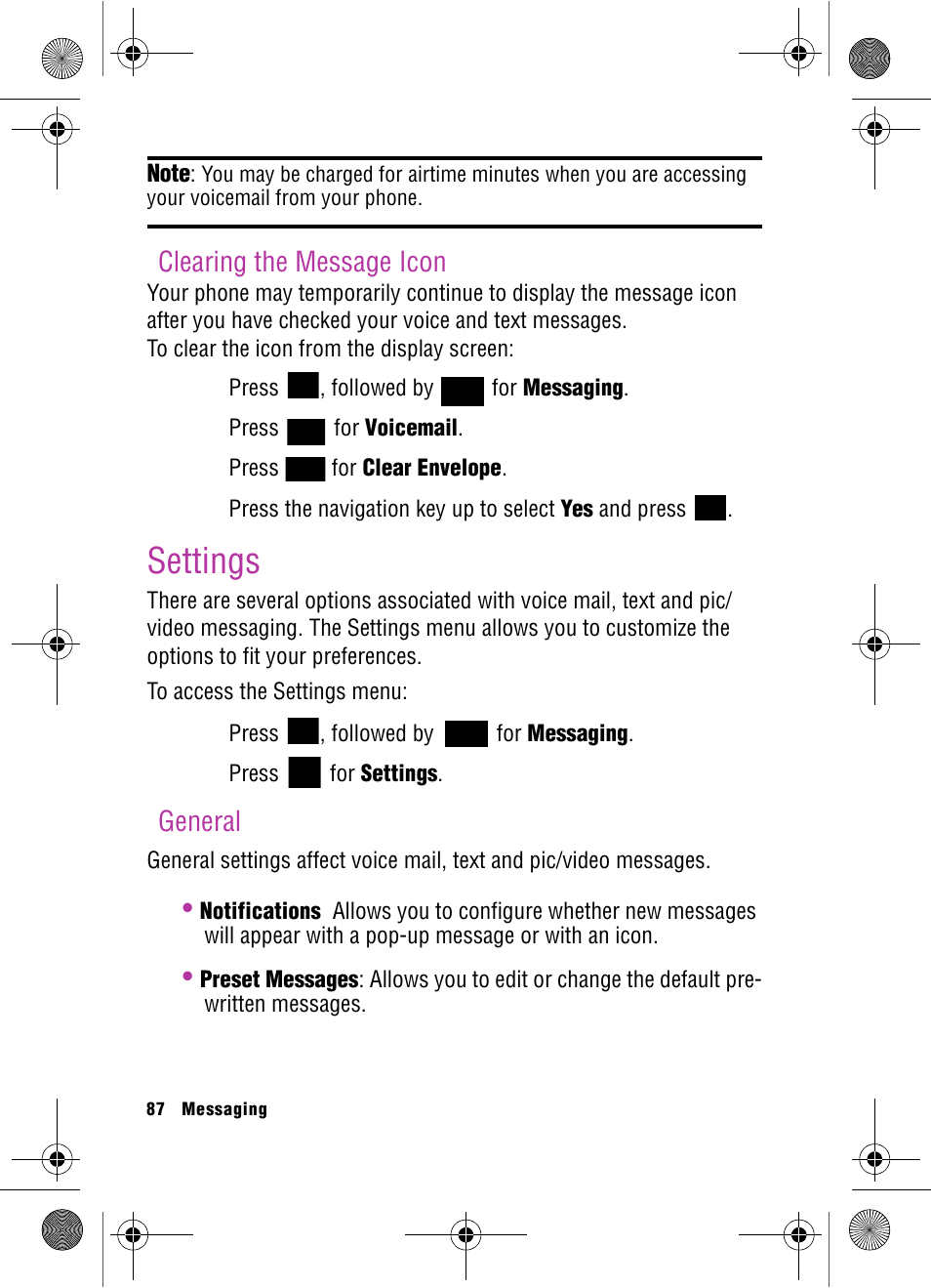 Clearing the message icon, Settings, General | Samsung SPH-A920 User Manual | Page 96 / 170