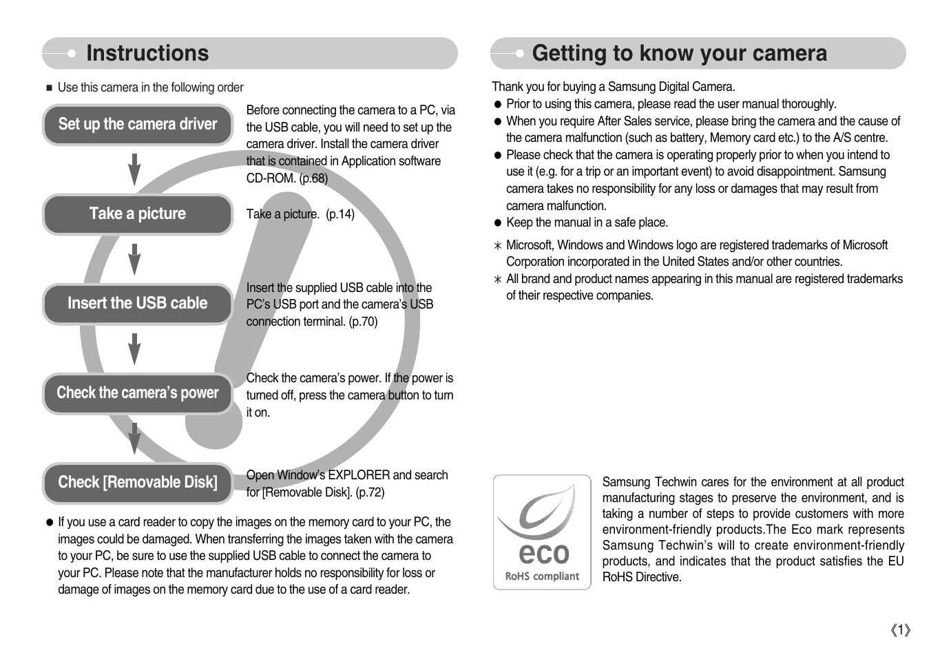 Instructions getting to know your camera | Samsung Digimax S1000 User Manual | Page 2 / 82