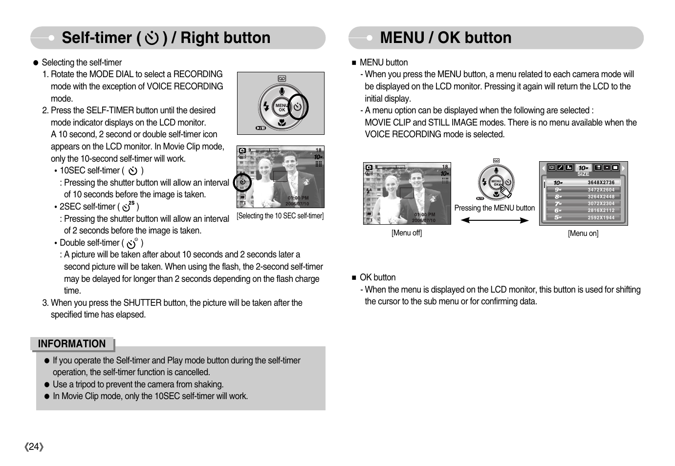 Self-timer ( ) / right button menu / ok button | Samsung Digimax S1000 User Manual | Page 25 / 82