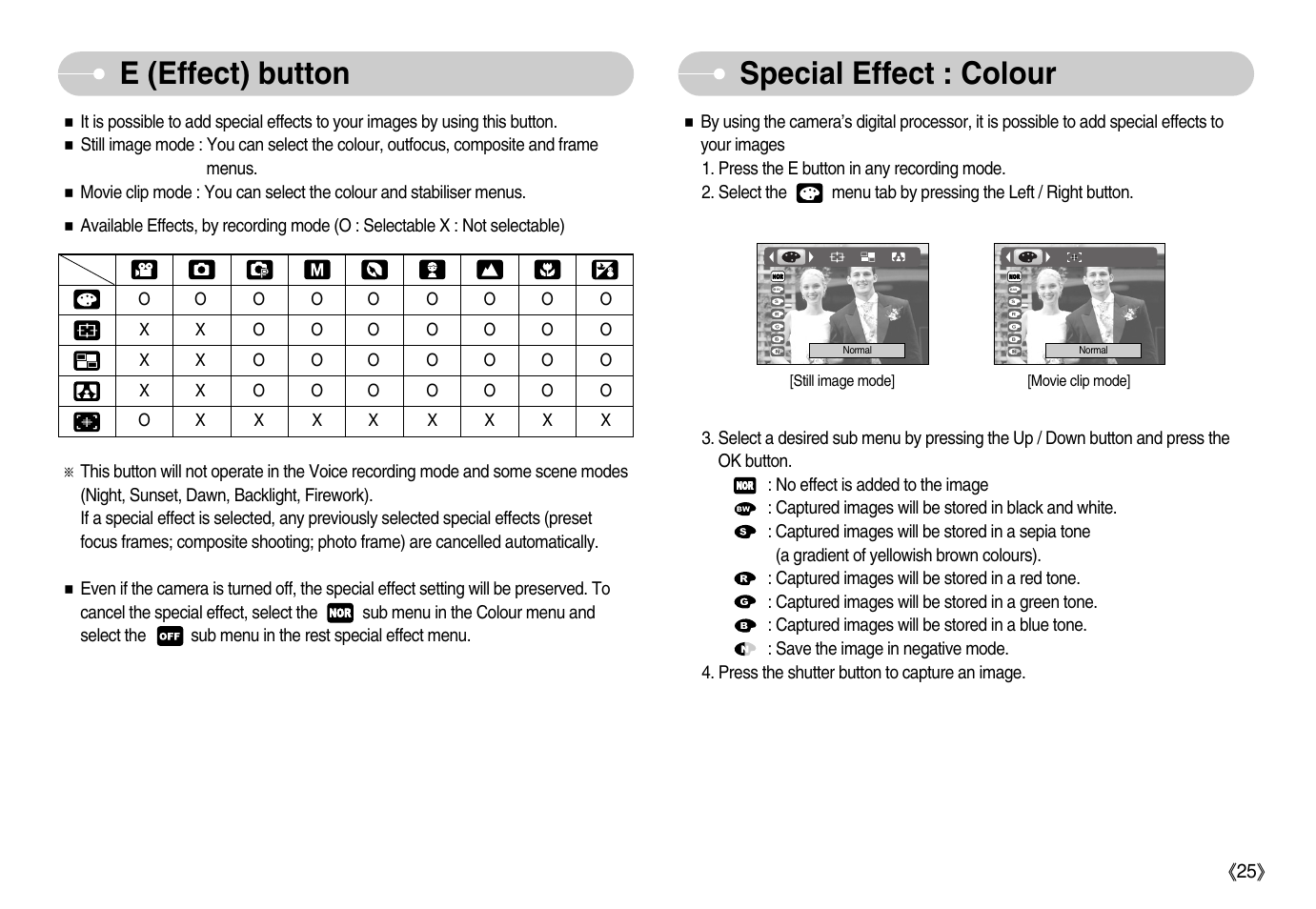 E (effect) button special effect : colour | Samsung Digimax S1000 User Manual | Page 26 / 82