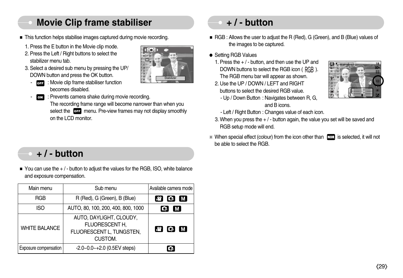 Button, Movie clip frame stabiliser + / - button | Samsung Digimax S1000 User Manual | Page 30 / 82