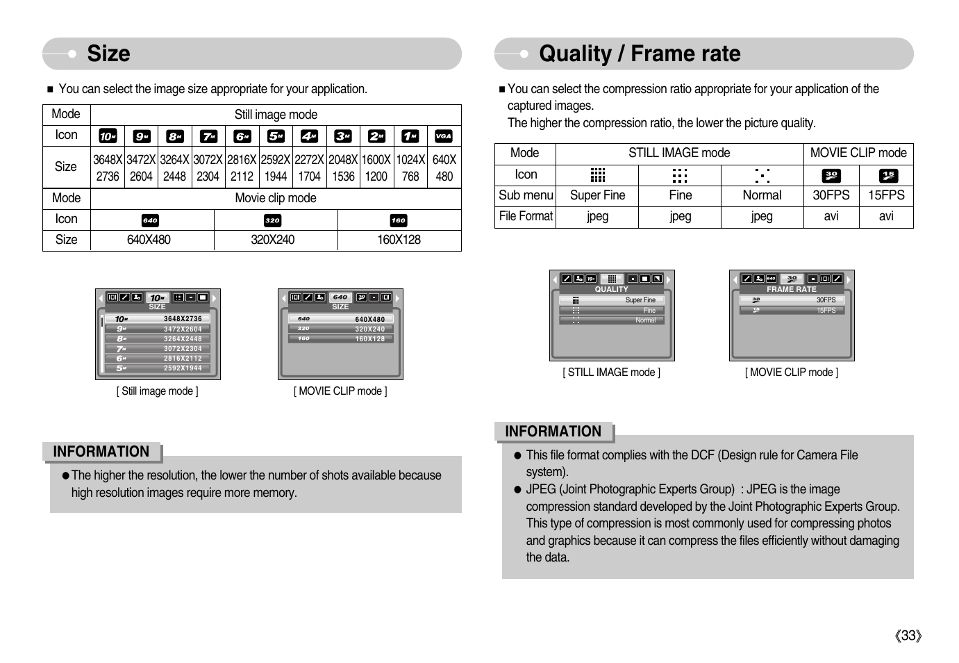 Size quality / frame rate | Samsung Digimax S1000 User Manual | Page 34 / 82