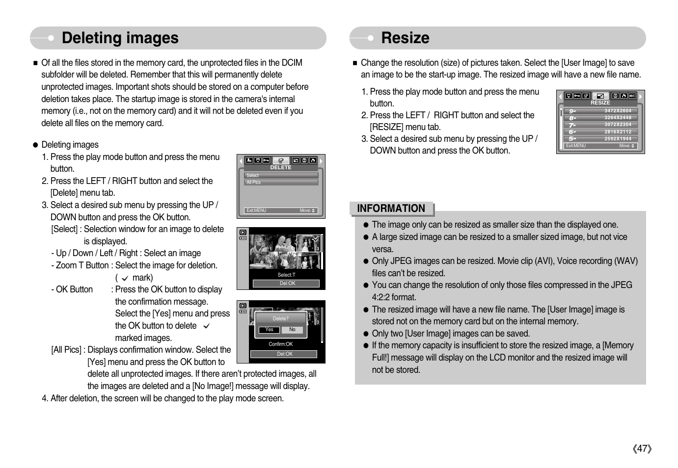 Deleting images resize | Samsung Digimax S1000 User Manual | Page 48 / 82