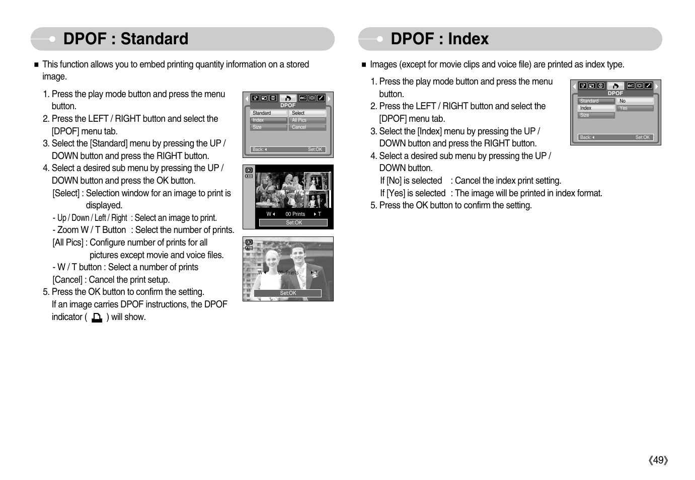 Dpof : standard dpof : index | Samsung Digimax S1000 User Manual | Page 50 / 82