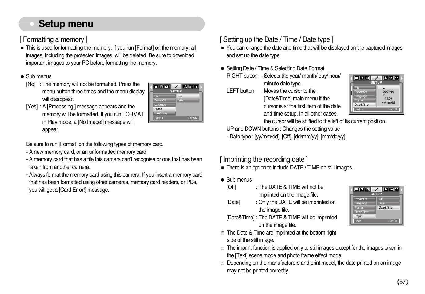 Setup menu, Setting up the date / time / date type, Imprinting the recording date | Samsung Digimax S1000 User Manual | Page 58 / 82