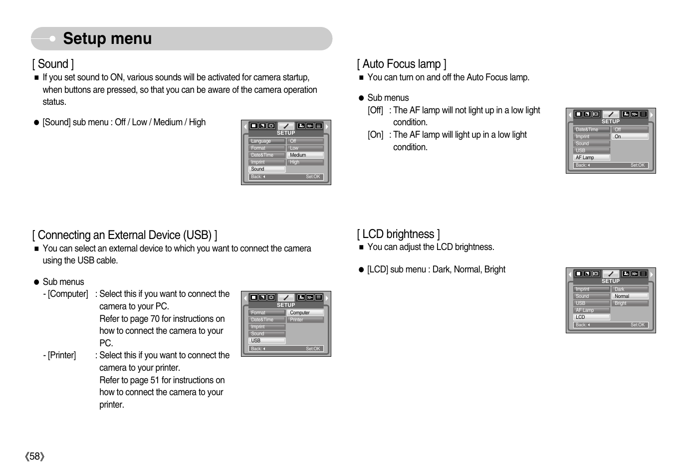 Setup menu, Sound, Connecting an external device (usb) | Auto focus lamp, Lcd brightness, Ŝ58ş | Samsung Digimax S1000 User Manual | Page 59 / 82