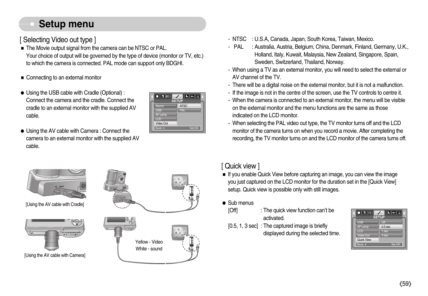 Setup menu, Selecting video out type, Quick view | Samsung Digimax S1000 User Manual | Page 60 / 82