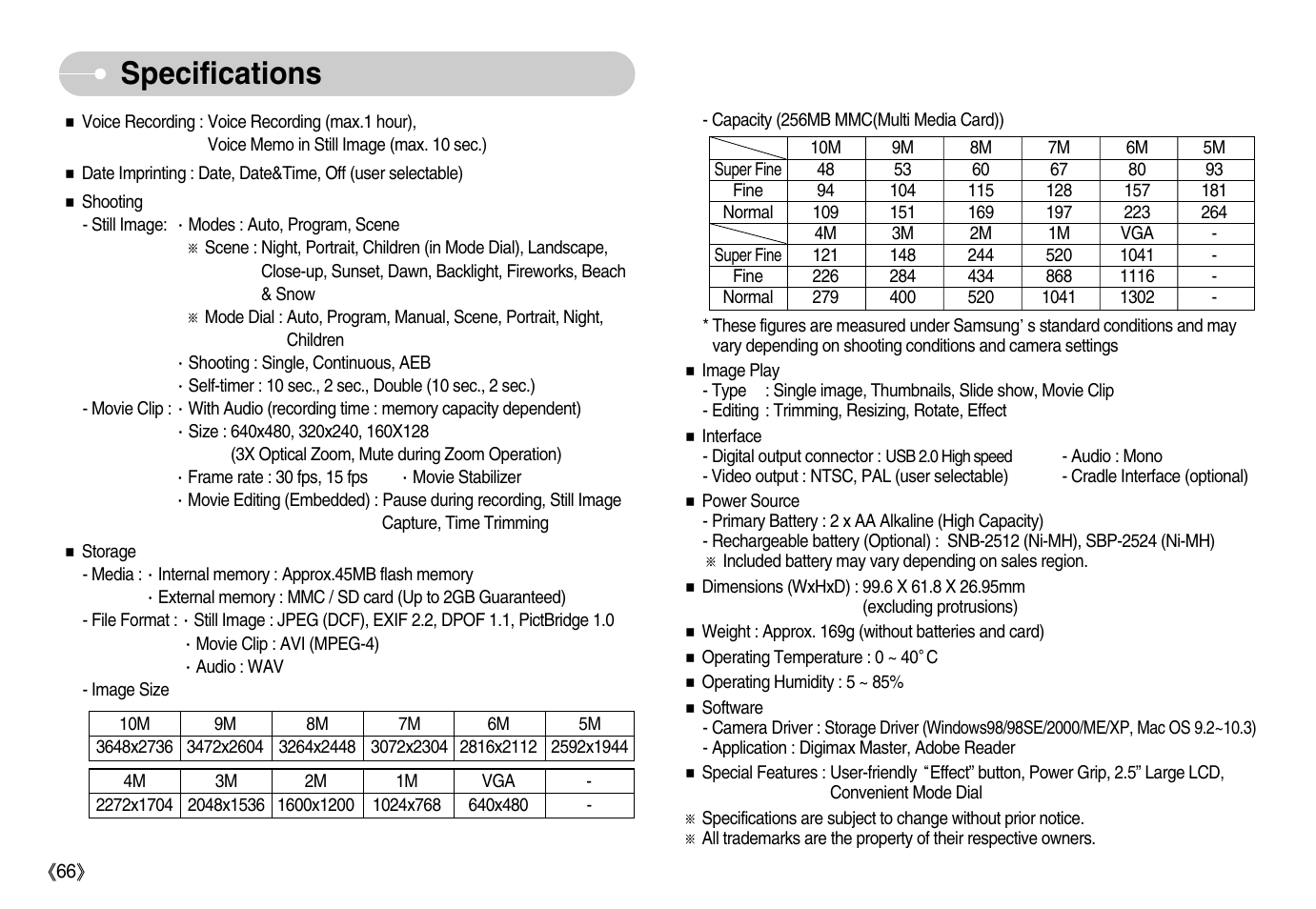 Specifications | Samsung Digimax S1000 User Manual | Page 67 / 82