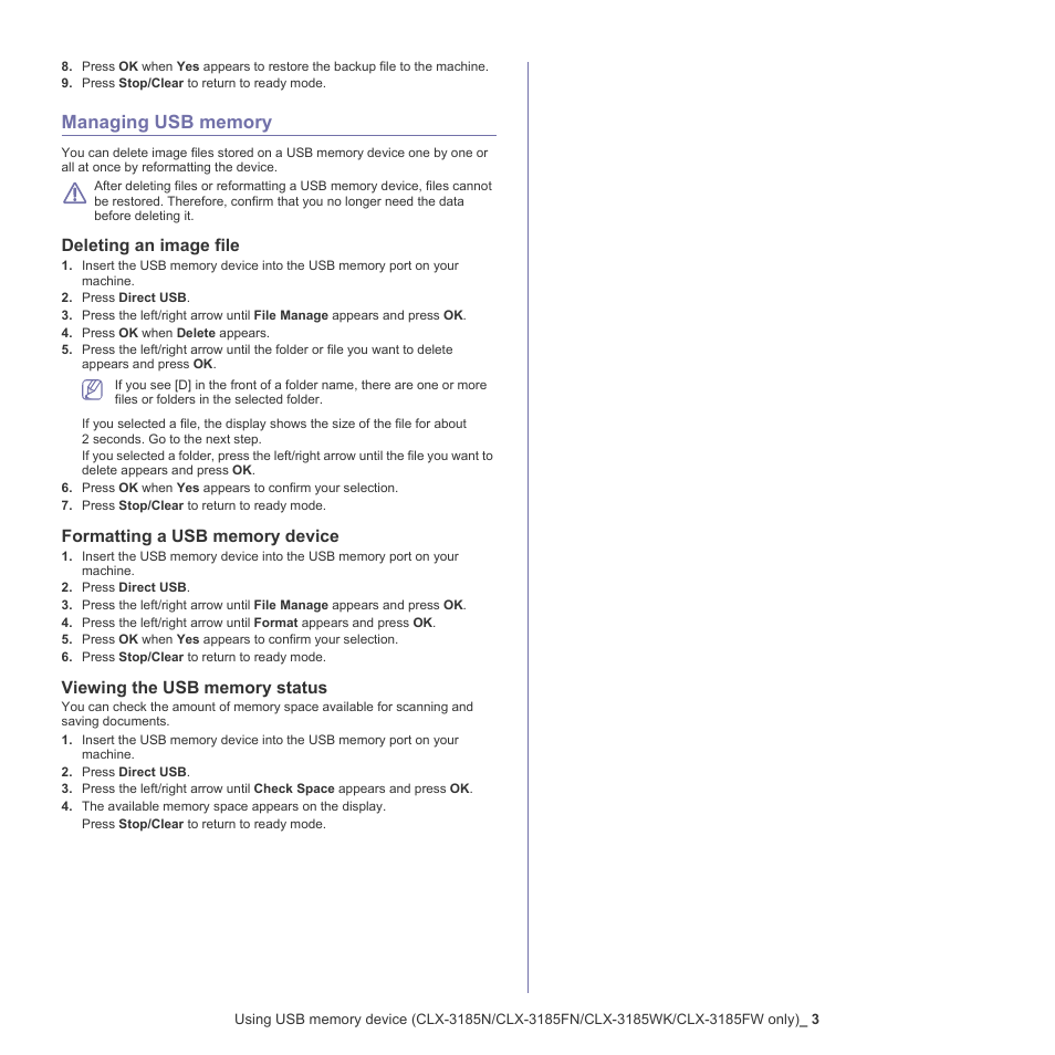 Managing usb memory, 3 managing usb memory, Deleting an image file | Formatting a usb memory device, Viewing the usb memory status | Samsung CLX-318X User Manual | Page 100 / 151