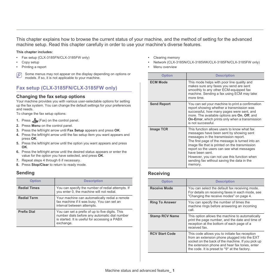 Machine status and advanced feature, Fax setup (clx-3185fn/clx-3185fw only), 1 fax setup (clx-3185fn/clx-3185fw only) | Changing the fax setup options, Sending, Receiving, Machine status and, Fax setup (clx-3185fn/clx-3185fw, See "changing the fax setup, Sending receiving | Samsung CLX-318X User Manual | Page 101 / 151