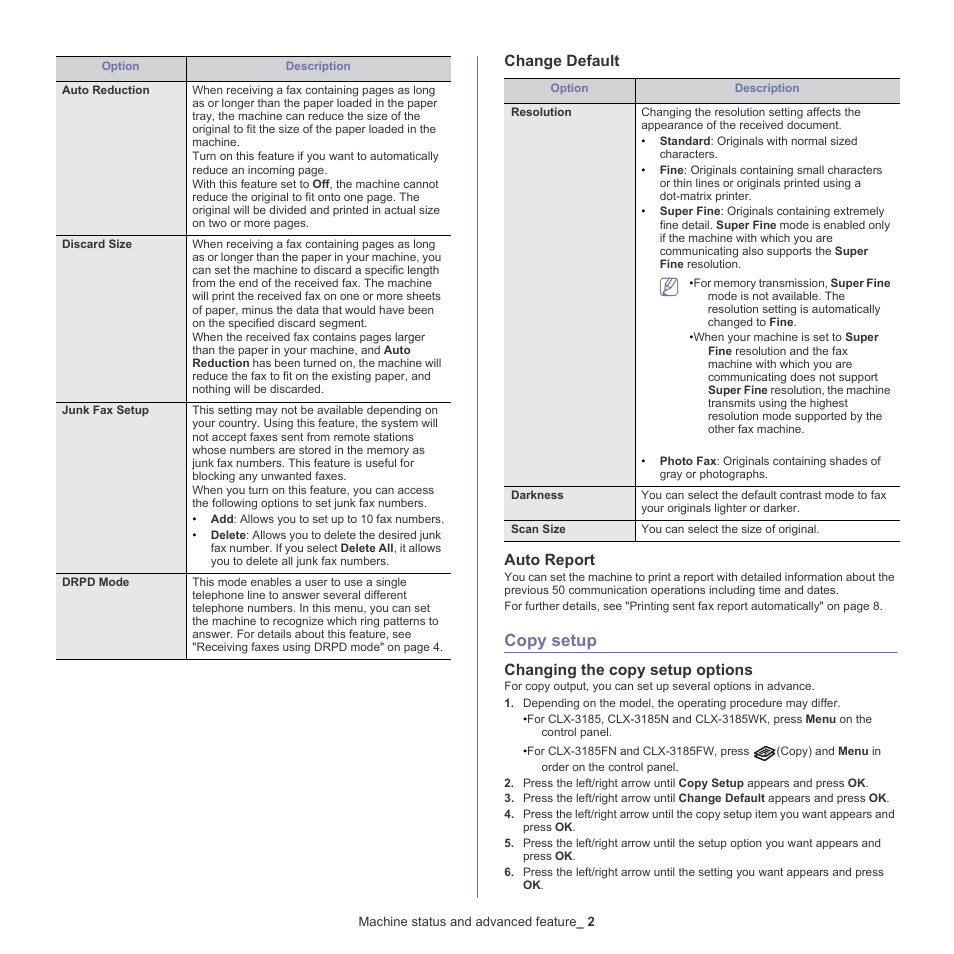 Copy setup, Change default, Auto report | 2 copy, Setup, Changing the copy setup options, Change default auto report | Samsung CLX-318X User Manual | Page 102 / 151