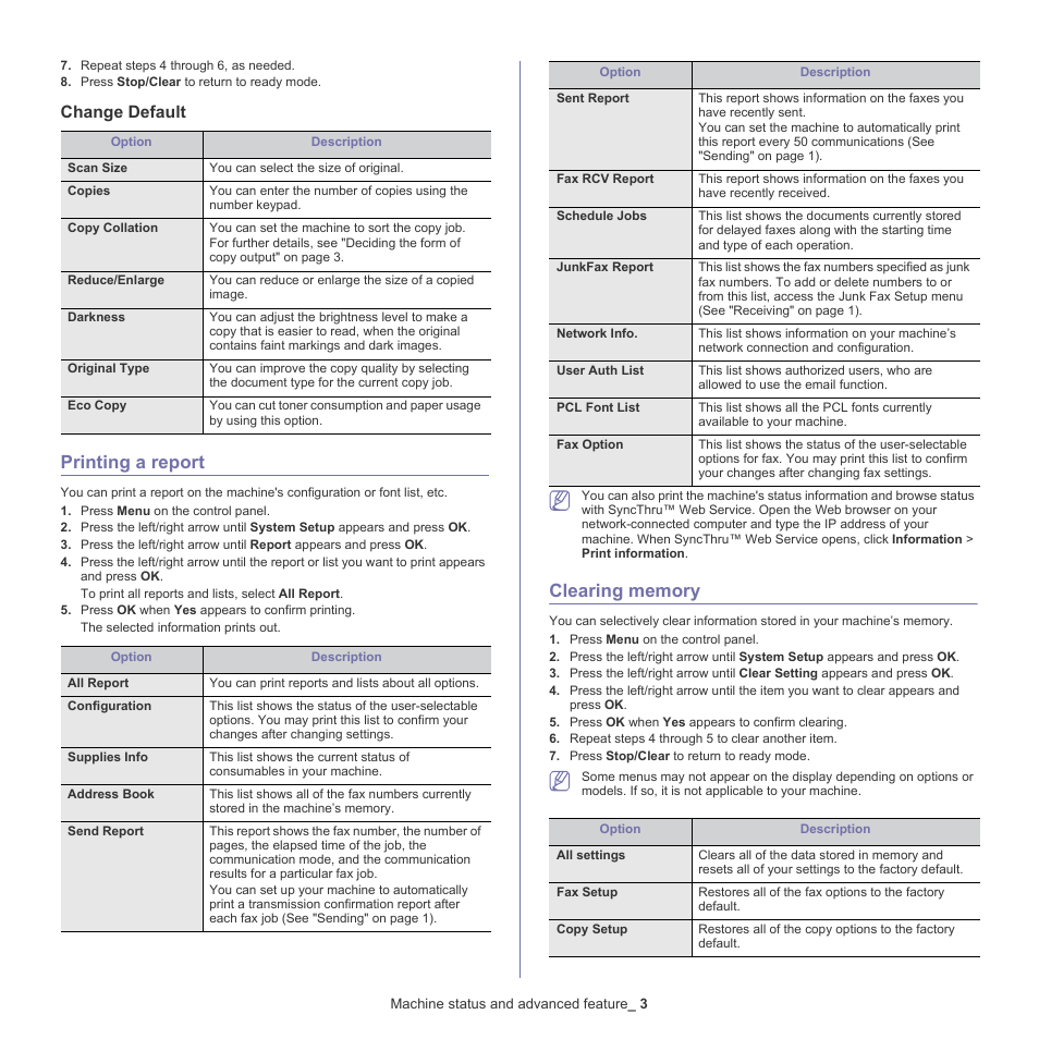 Printing a report, Clearing memory, Change default | 3 printing a report 3 clearing, Memory | Samsung CLX-318X User Manual | Page 103 / 151