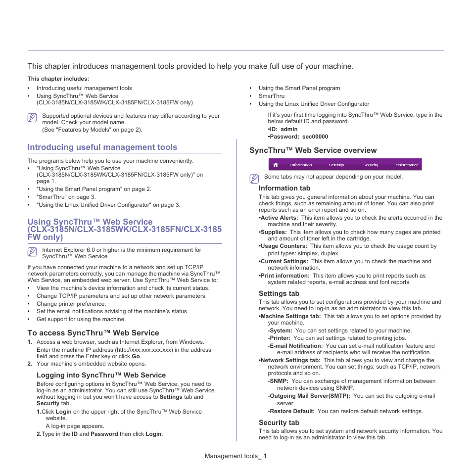 Management tools, Introducing useful management tools, Clx-3185n/clx-3185wk/clx-3185fn/clx-3185fw only) | To access syncthru™ web service, Syncthru™ web service overview | Samsung CLX-318X User Manual | Page 107 / 151