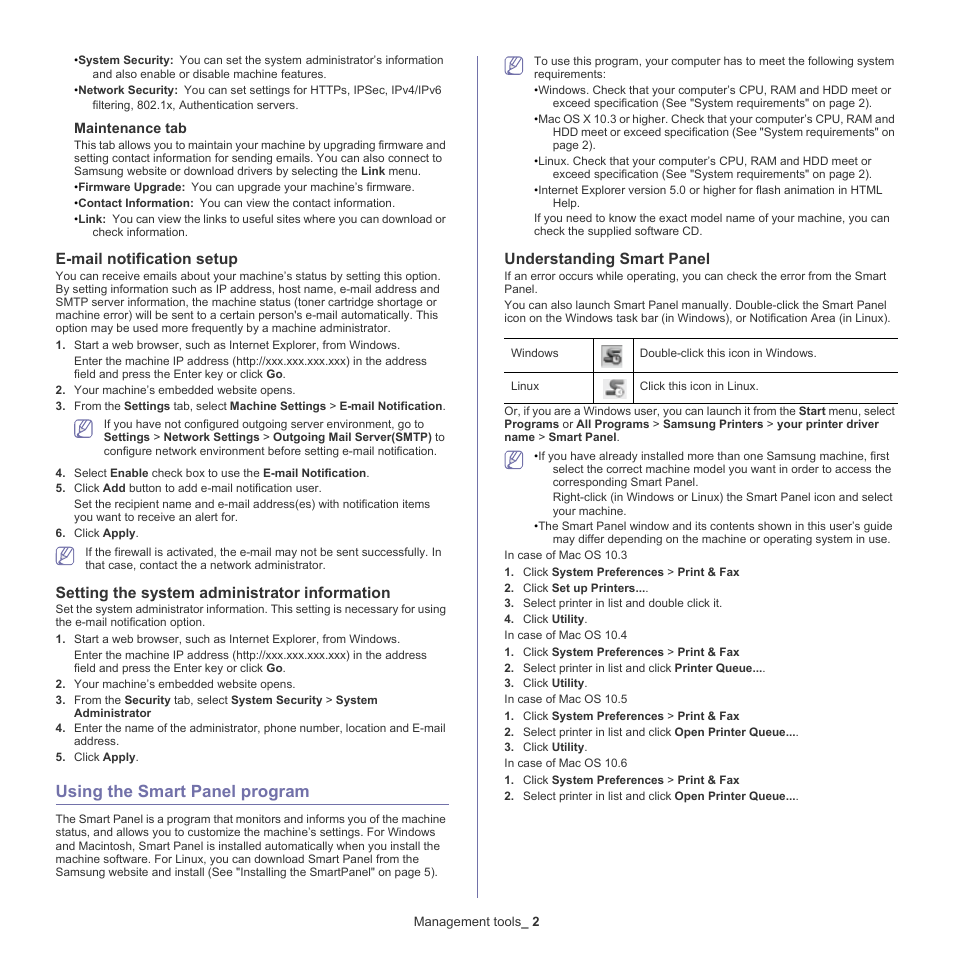 Using the smart panel program, E-mail notification setup, Setting the system administrator information | 2 using the smart panel program, Understanding smart panel | Samsung CLX-318X User Manual | Page 108 / 151