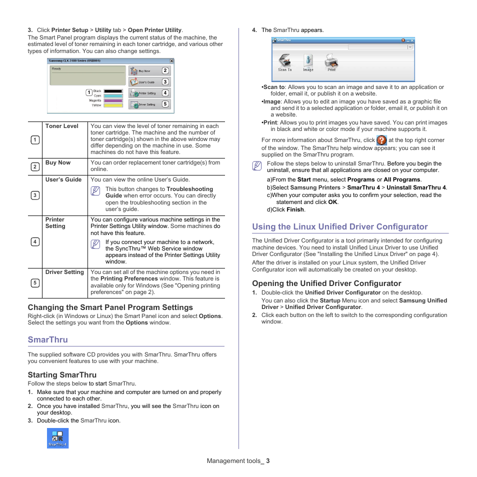 Smarthru, Using the linux unified driver configurator, Changing the smart panel program settings | 3 smarthru, Starting smarthru, 3 using the linux unified driver configurator, Opening the unified driver configurator | Samsung CLX-318X User Manual | Page 109 / 151