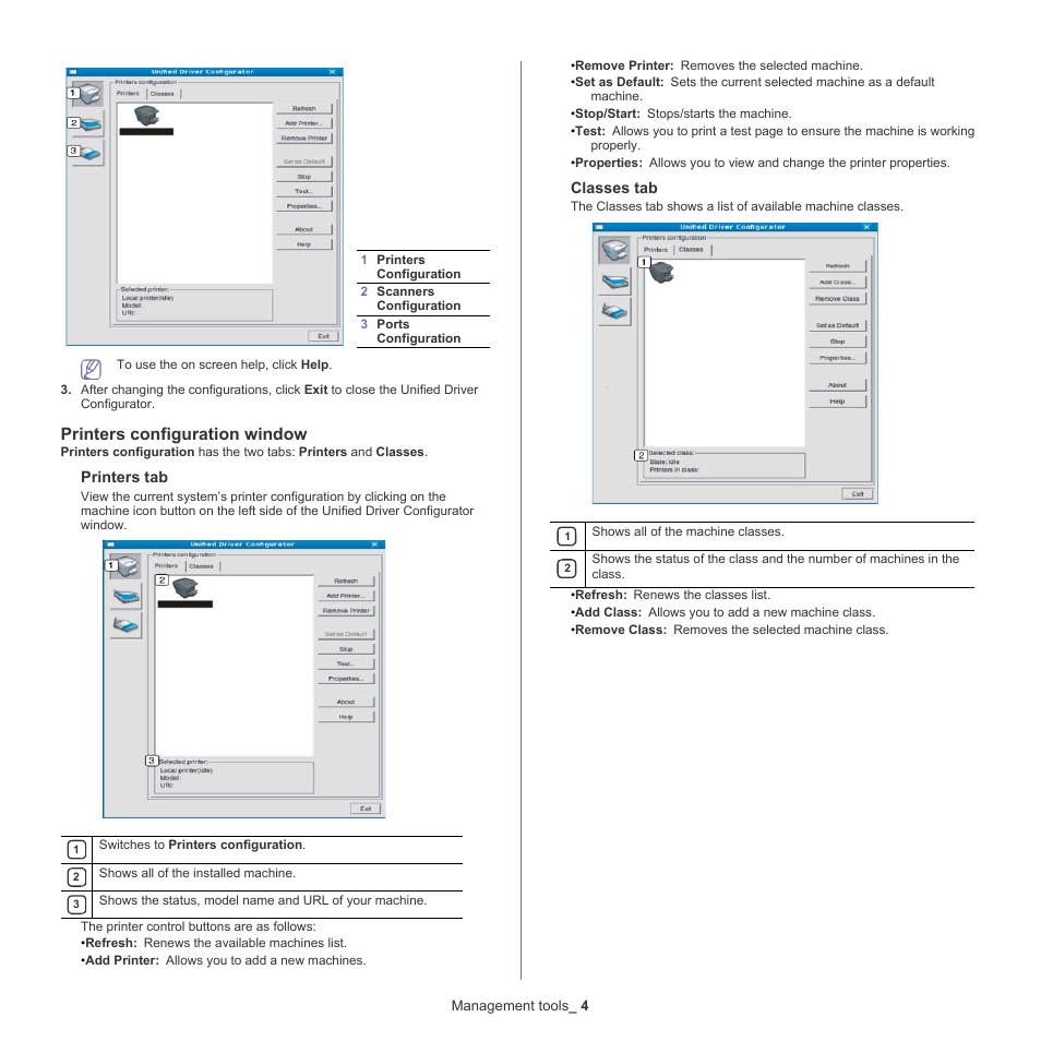 Printers configuration window, Printers tab, Classes tab | Samsung CLX-318X User Manual | Page 110 / 151