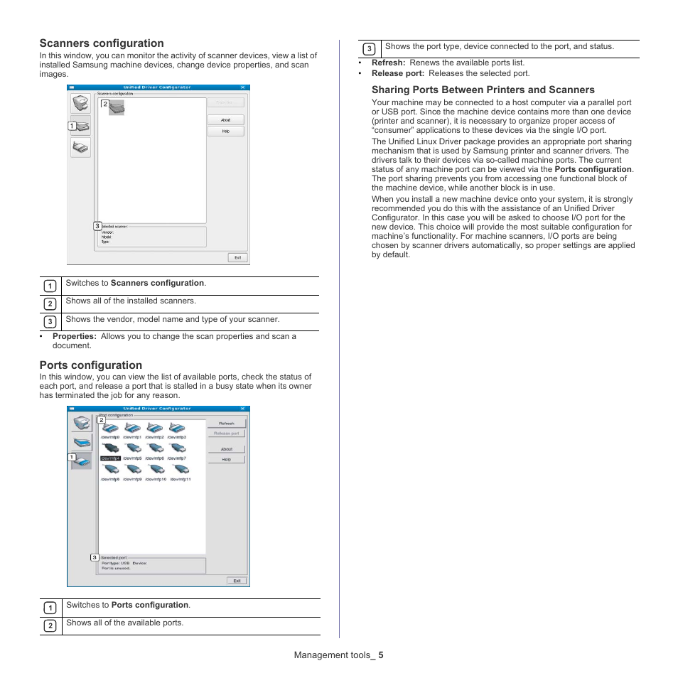 Scanners configuration, Ports configuration, Sharing ports between printers and scanners | Samsung CLX-318X User Manual | Page 111 / 151