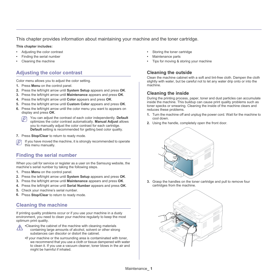 Maintenance, Adjusting the color contrast, Finding the serial number | Cleaning the machine, Cleaning the outside, Cleaning the inside | Samsung CLX-318X User Manual | Page 112 / 151