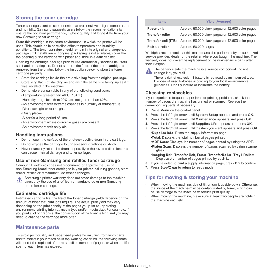 Storing the toner cartridge, Maintenance parts, Tips for moving & storing your machine | 4 storing the toner cartridge, Handling instructions, Use of non-samsung and refilled toner cartridge, Estimated cartridge life, 4 maintenance, Parts, Checking replacables | Samsung CLX-318X User Manual | Page 115 / 151