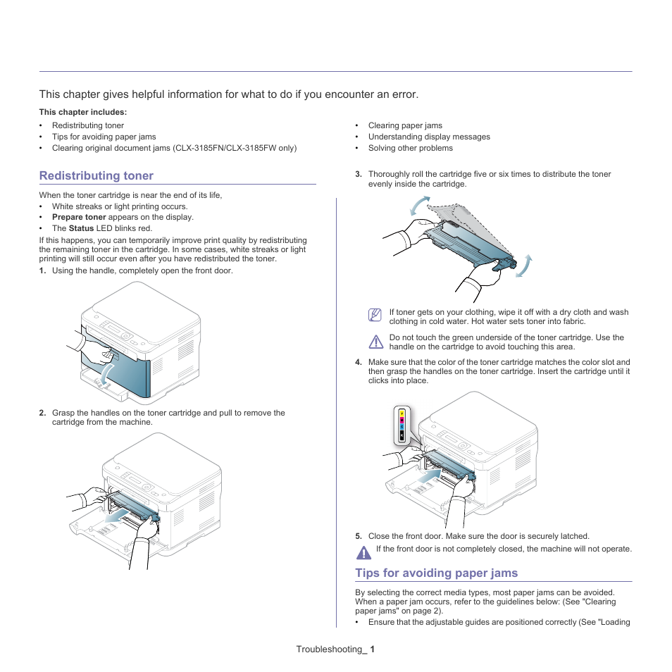 Troubleshooting, Redistributing toner, Tips for avoiding paper jams | 1 redistributing, Toner, 1 tips for avoiding paper jams, Redistributing | Samsung CLX-318X User Manual | Page 116 / 151