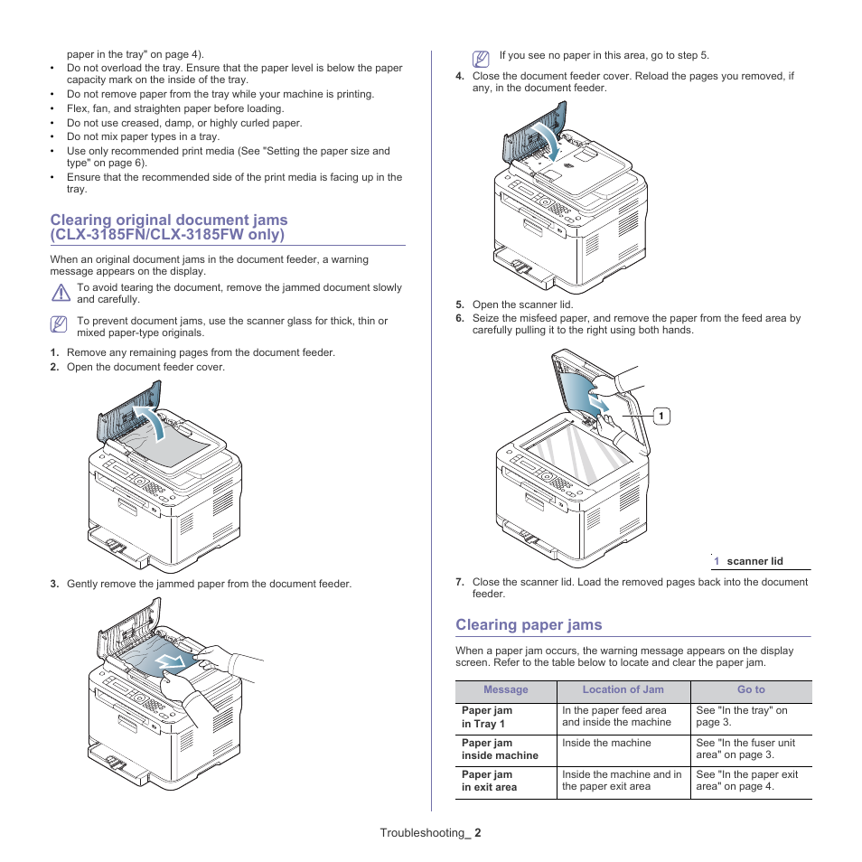 Clearing paper jams, Only), 2 clearing | Paper, Jams, Clearing | Samsung CLX-318X User Manual | Page 117 / 151