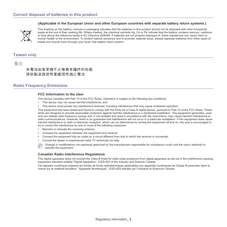 Correct disposal of batteries in this product, Taiwan only radio frequency emissions | Samsung CLX-318X User Manual | Page 13 / 151