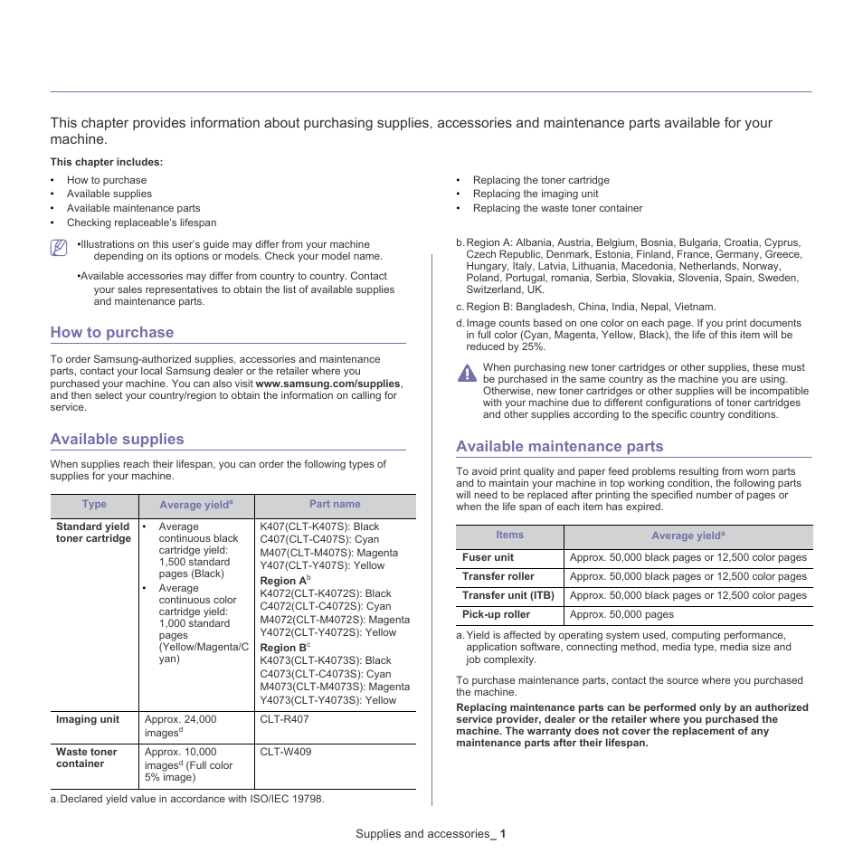 Supplies and accessories, How to purchase, Available supplies | Available maintenance parts, 1 how to purchase 1 available, Supplies, 1 available maintenance parts, Available supplies" on, Available, Maintenance parts" on | Samsung CLX-318X User Manual | Page 133 / 151