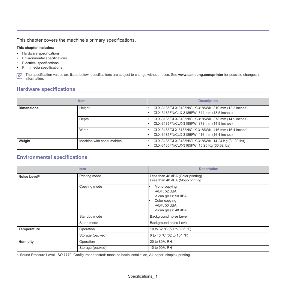 Specifications, Hardware specifications, Environmental specifications | 1 hardware, 1 environmental | Samsung CLX-318X User Manual | Page 138 / 151