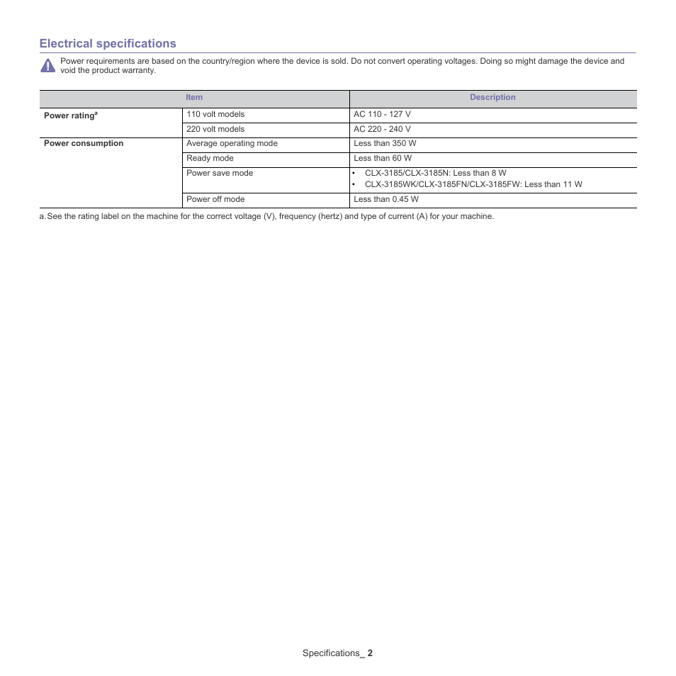 Electrical specifications, 2 electrical, Specifications | Samsung CLX-318X User Manual | Page 139 / 151