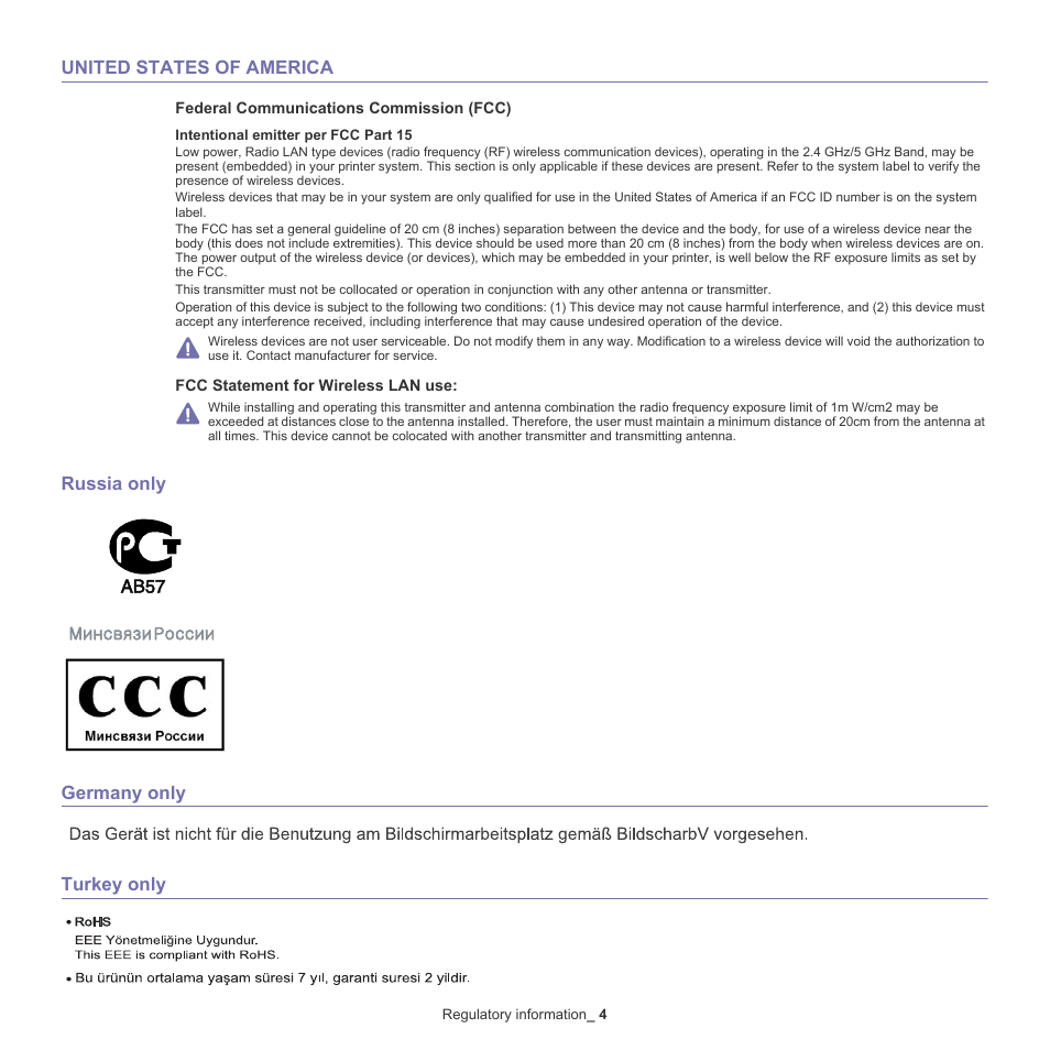 United states of america, Russia only germany only turkey only | Samsung CLX-318X User Manual | Page 14 / 151