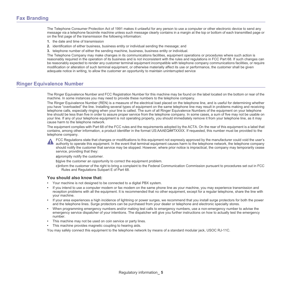 Fax branding, Ringer equivalence number | Samsung CLX-318X User Manual | Page 15 / 151