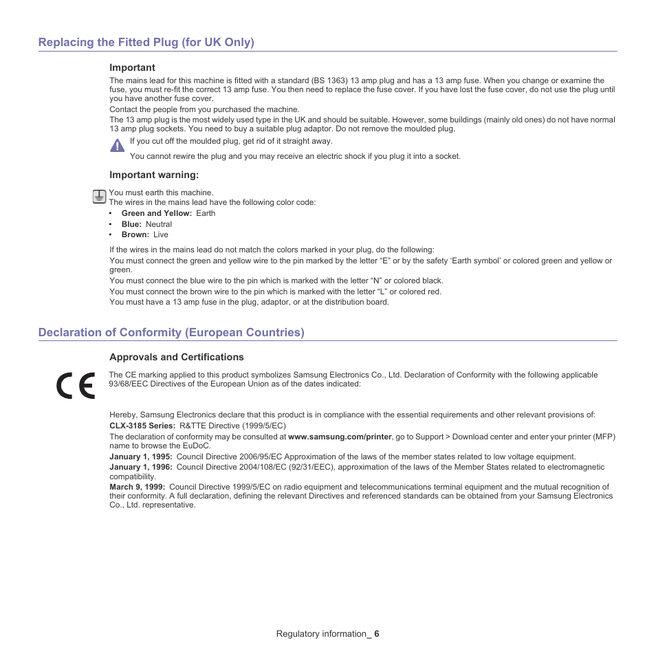 Replacing the fitted plug (for uk only), Declaration of conformity (european countries) | Samsung CLX-318X User Manual | Page 16 / 151