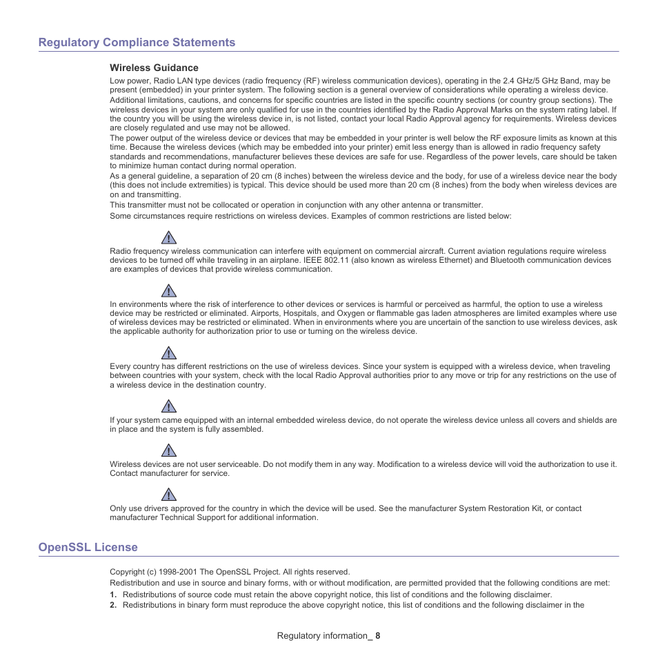 Regulatory compliance statements, Openssl license | Samsung CLX-318X User Manual | Page 18 / 151